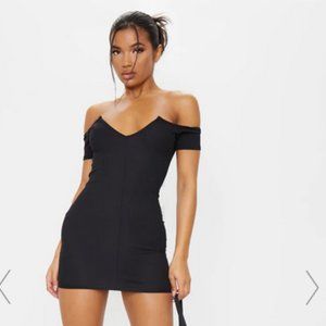 Black Ribbed Plunge Bardot Bodycon Dress